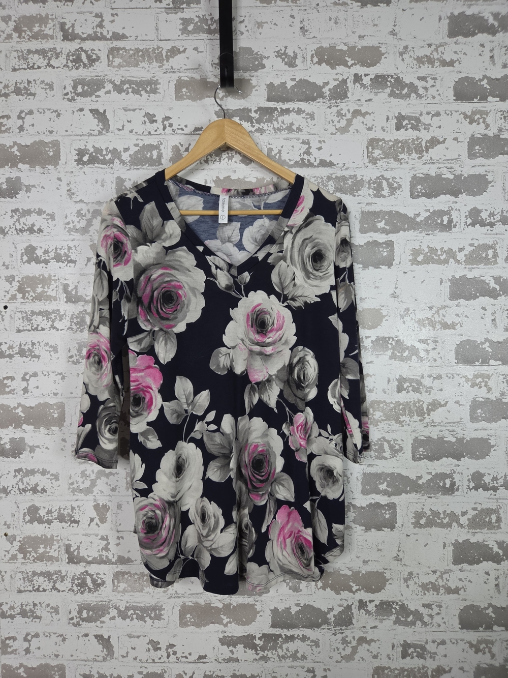 Boho Romantic Pink Gray Rose Floral V-Neck Blouse Top 3/4 Sleeve Size L